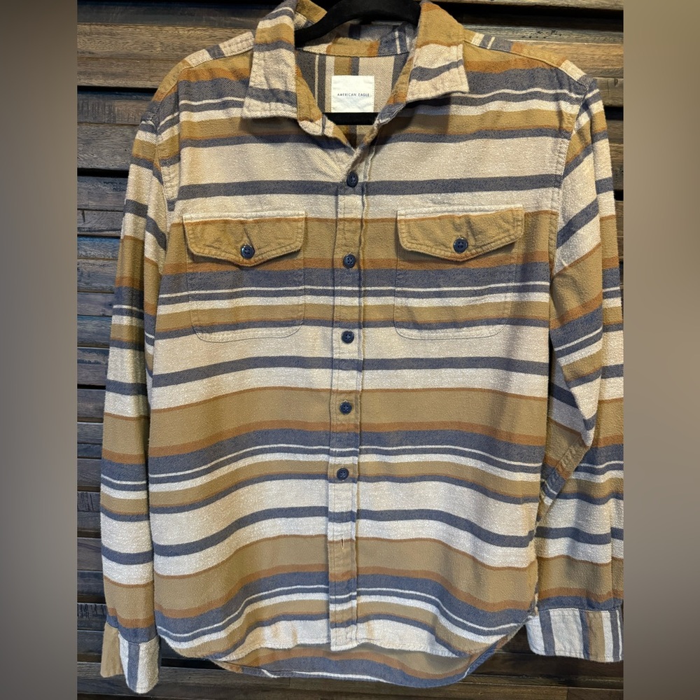 American Eagle button front long sleeve thick flannel shirt brown stripe LRG EUC